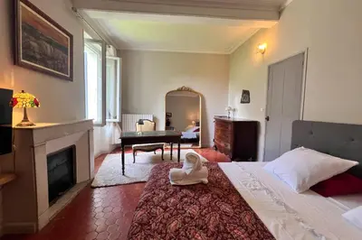 a bedroom with a bed and a fireplace and a mirror at Elivi Elegant Art Deco house with Garden Walk to the Heart of Town in LʼIsle-sur-la-Sorgue