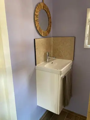 a bathroom with a sink and a mirror on the wall at Les Elles du Moulin Avec Piscine in Vedène