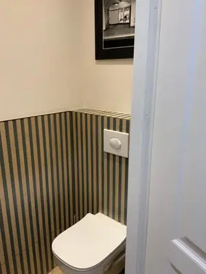 a bathroom with a white toilet with a striped wall at Maisonnette de charme 60m2 in Robion en Luberon