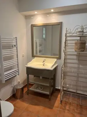a bathroom with a sink and a mirror at Appartement de charme sur le domaine de Pont Royal à Mallemort, en rez-de-jardin avec terrasse & piscine et vue sur le Golf in Mallemort