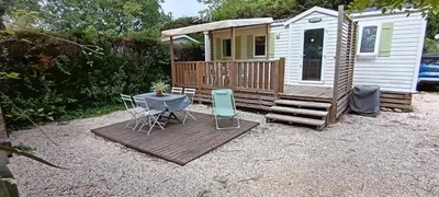 a tiny house with a table and chairs in front of it at Mobile Home en Provence in La Roque-dʼAnthéron