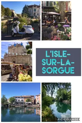 a collage of photos with a scooter and sights at La parenthèse sur la sorgue in LʼIsle-sur-la-Sorgue