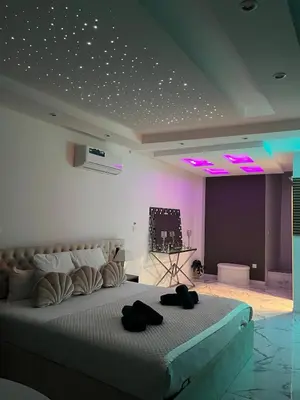 a bedroom with a large bed with lights on the ceiling at Trésor Étoile, luxe & lumière - Duplex 4 personnes in Pertuis