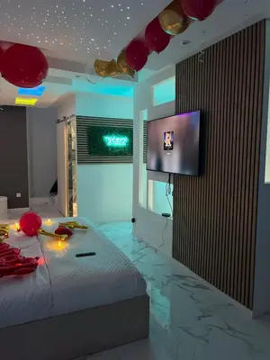 a bedroom with a bed and a flat screen tv at Trésor Étoile, luxe & lumière - Duplex 4 personnes in Pertuis