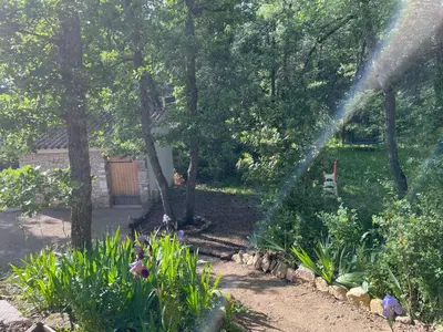 a garden with a sprinkler in a garden with flowers at La villa dans les arbres - Triangle d'or du Luberon in Ménerbes