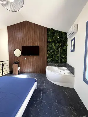 a bathroom with a large tub and a bath tub at jungle room in La Tour-dʼAigues