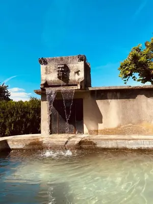 a water fountain in the middle of a pool of water at Ville au calme en Provence, piscine privée, spa jeux, proche Ventoux in Carpentras