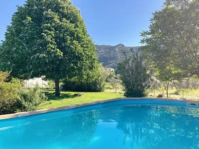 a large blue swimming pool in a yard with a tree at Casa du Luberon in Maubec