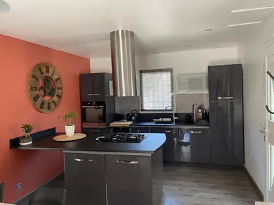 a large kitchen with black appliances and red walls at Villa de caractères,piscine, vue sur le luberon,3 chambres in Cheval-Blanc