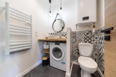 a bathroom with a toilet and a washing machine at le logis des roues in LʼIsle-sur-la-Sorgue