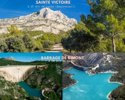 a collage of two pictures of a river and a mountain at La Mazarine - Studio tout confort - Les Milles proche Aix TGV Marseille in Aix-en-Provence