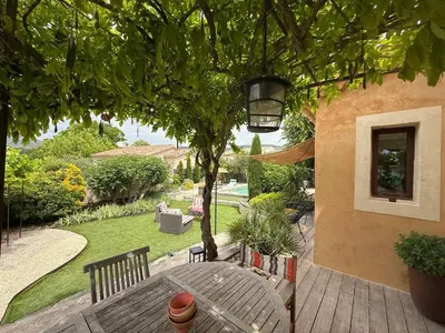 a patio with a table and a tree at Cabanon Lourmarin in Lourmarin