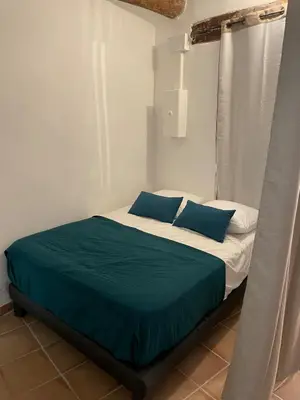 a bed with blue pillows in a white room at Plaisir de vacances in Aix-en-Provence