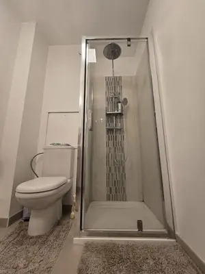 a bathroom with a toilet and a glass shower at 3 Bedroom House Terrace Park & Free Parking in Aix-en-Provence