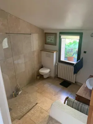 a bathroom with a shower and a toilet and a window at Charming village house in Alleins