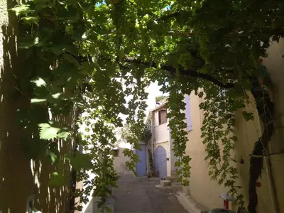 an alley with a white building with a blue door at Tranquility of Lub in this duplex in La Bastide-des-Jourdans