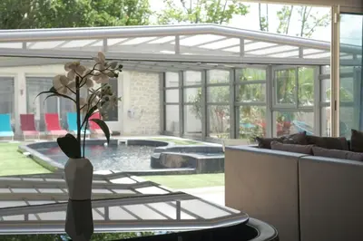 a patio with a pool and a vase with a flower at Le logis de la castagne in Caumont-sur-Durance