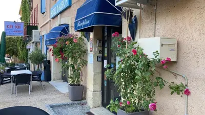 a building with blue awnings and flowers on it at Hotel D'Albion in Sault-de-Vaucluse