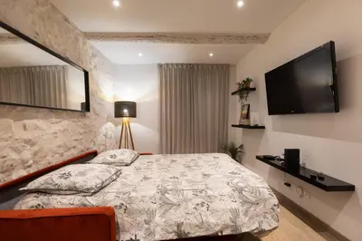 a bedroom with a bed and a flat screen tv at Le Cocon du Luberon - Clim - Wifi - Hypercentre in Apt