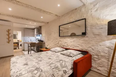 a bedroom with a bed and a stone wall at Le Cocon du Luberon - Clim - Wifi - Hypercentre in Apt