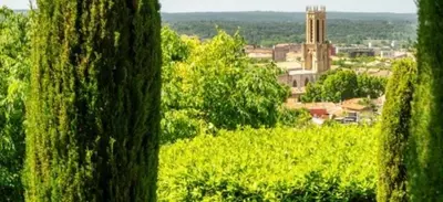 a view of a city from between two trees at Villa de charme avec Piscine & Vue panoramique en plein Centre-ville d'Aix-en-Provence in Aix-en-Provence