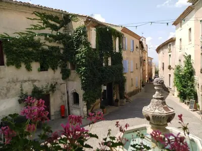 an alley with flowers in front of buildings at Charming house in the village center of Venasque in Venasque