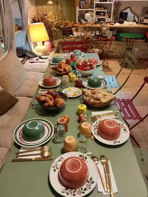 a long table with food on top of it at Charming house in Provence, 2 to 10 people in Saignon