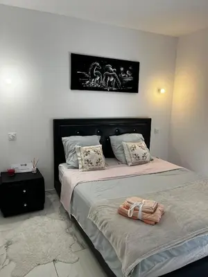 a bedroom with two beds and a black headboard at Chambre d'hôtes in Carpentras