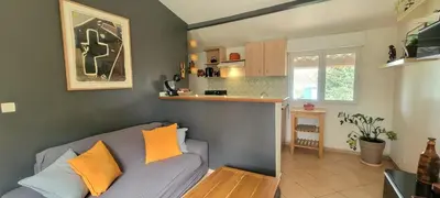 a living room with a couch and a kitchen at Appartement au calme à 5min du centre d'Aix-en-Provence avec terrasse vue sur jardin & parking privé in Aix-en-Provence