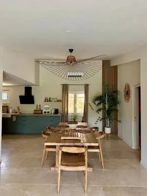 a dining room with a table and a ceiling at Casa Bohemia, piscine privée proche Aix en Provence in Ventabren