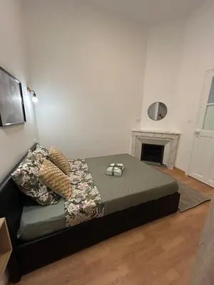 a bedroom with a bed and a fireplace at T2 centre-ville avec parking privé inclus in Cavaillon