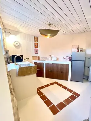 a kitchen with a sink and a refrigerator at Authentique et paisible maison de village in Bédoin