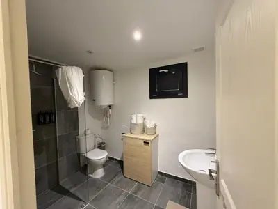 a bathroom with a toilet and a shower and a sink at Appart hotel bonpas in Noves
