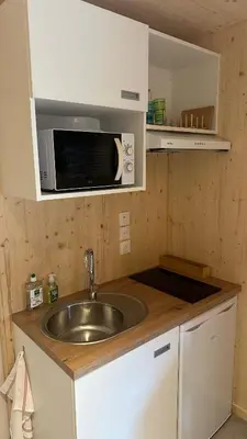 a kitchen with a sink and a microwave at Cabane dans le Luberon - Bird in Provence in Cavaillon