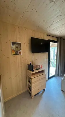 a room with a tv and a wooden wall at Cabane dans le Luberon - Bird in Provence in Cavaillon