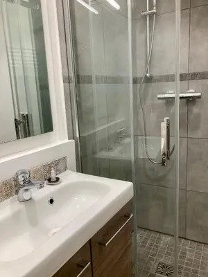 a bathroom with a sink and a shower at Appartement rénové plein centre in Aix-en-Provence