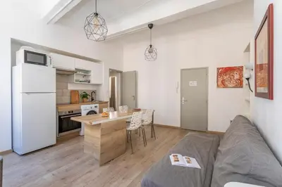 a living room with a couch and a kitchen at Central studio, perfect for discovering Aix on foot in Aix-en-Provence