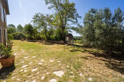 a yard with a building and some trees and grass at Mas Provençal au Cœur des Vignes du Luberon - 3 Chambres - Calme Absolu - Wifi in La Tour-dʼAigues