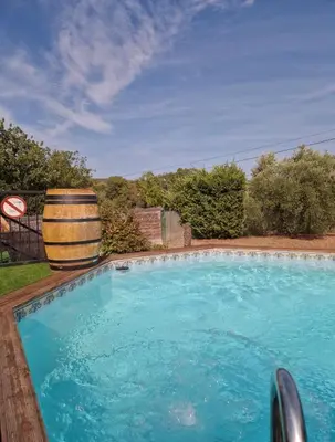 a swimming pool with a barrel next to a yard at La maison de Raffi in La Tour-dʼAigues