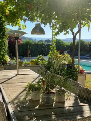 a patio with potted plants and a pool at Mas Coeur Provence Calme Beauté Grand Parc in Pernes-les-Fontaines