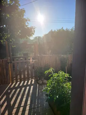 a backyard with a wooden fence and a garden at Pasca'land in Velaux