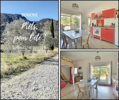 a collage of three pictures of a kitchen and a table at Mon paradis in Maubec