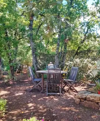 a table and chairs in a yard with trees at Contemporary Villa With Pool In Céreste-En-Luberon in Céreste