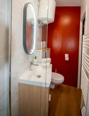 a bathroom with a sink and a mirror and a toilet at Studio climatisé avec terrasse, 5ème étage sans ascenseur in Aix-en-Provence