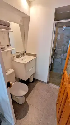 a bathroom with a toilet and a sink and a shower at Cosy & Cocooning in Le Thor