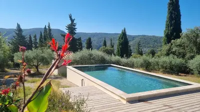 a swimming pool in the middle of a garden at Gîte Le Verger Paisible in Malemort-du-Comtat