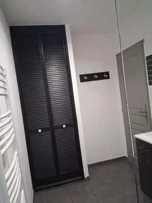 a black door in a bathroom with a shower at AAD maison de vacances avec piscine in LʼIsle-sur-la-Sorgue