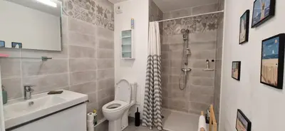 a bathroom with a toilet and a sink and a shower at Le Triton, new appartments near city center , parking , lift in Aix-en-Provence