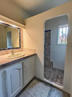 a bathroom with a sink and a shower with a mirror at Au coeur des ocres in Roussillon