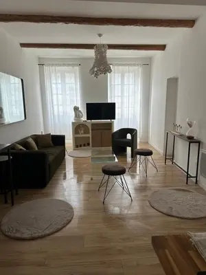 a living room with a couch and a tv at CARPENTRAS appartement 3e étage situé dans le centre historique in Carpentras